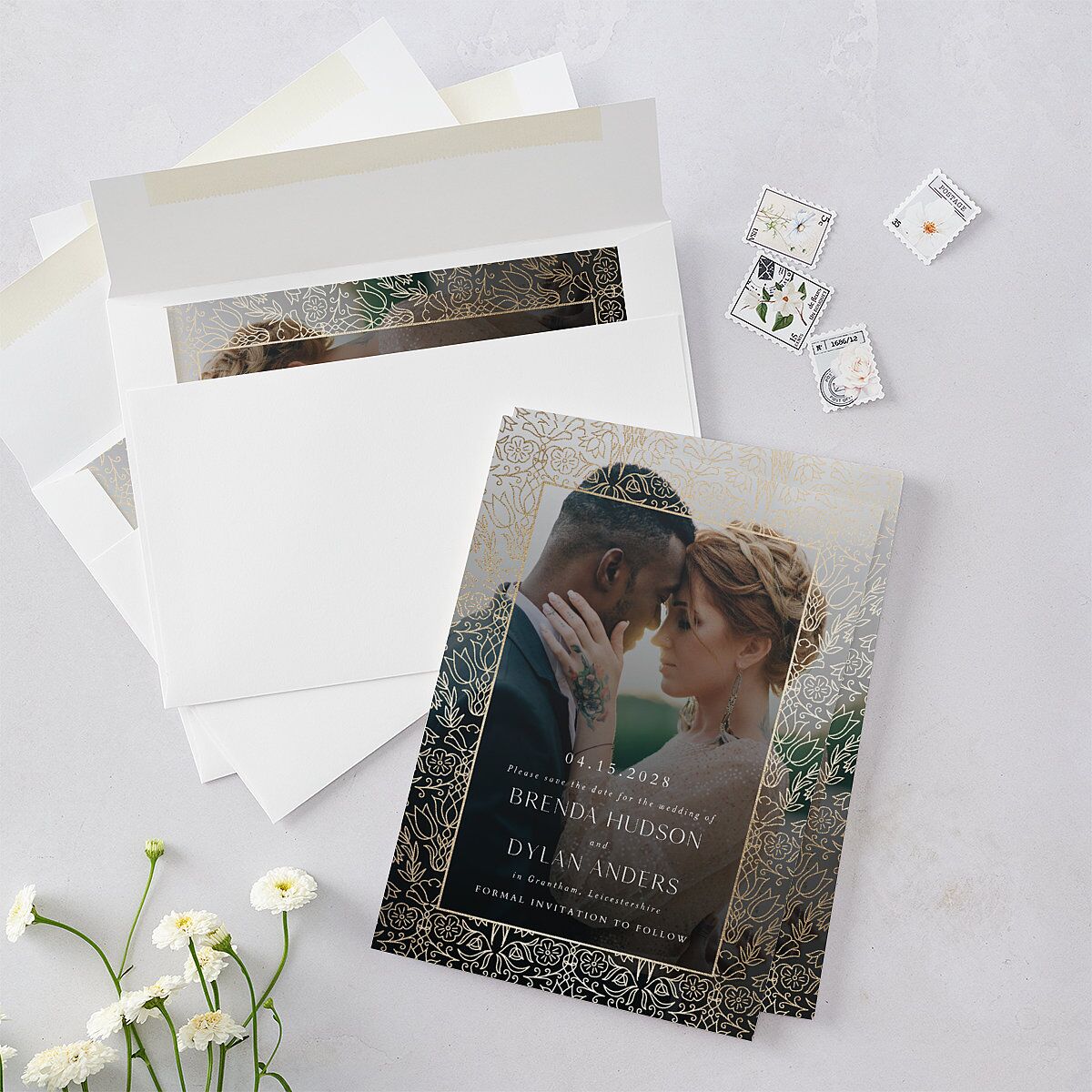Ornate Regency Save the Date Cards Gold Bisque Signature smooth Blank No Standard