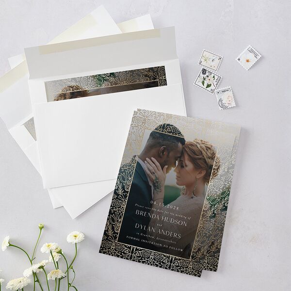 Ornate Regency Save the Date Cards Gold Bisque Signature smooth Blank No Standard