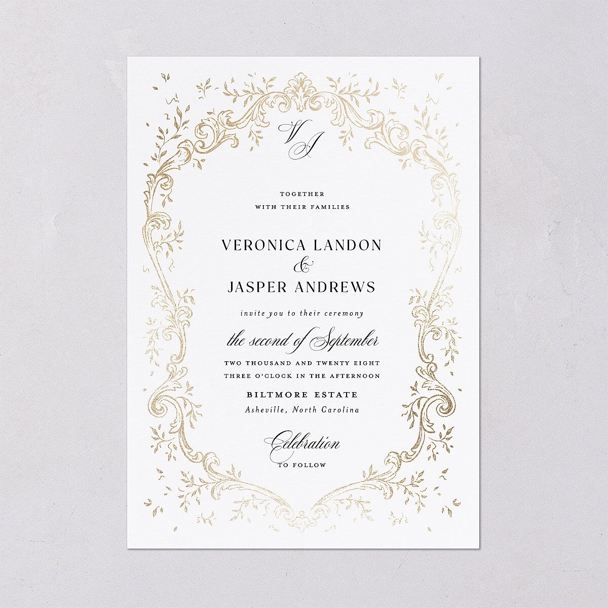 Formal Opulent Frame Foil Wedding Invitations Pure White Gold No Signature Blank Standard
