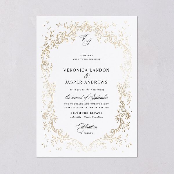 Formal Opulent Frame Foil Wedding Invitations Pure White Gold No Signature Blank Standard