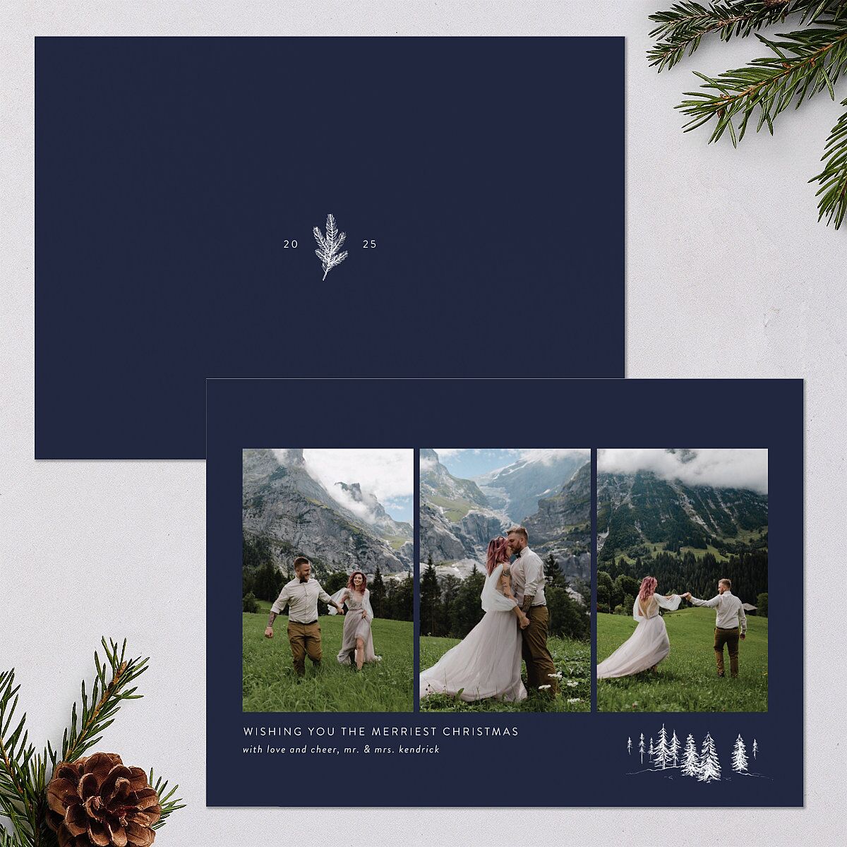 Triptych Trees Holiday Cards Navy Signature Blank Landscape Standard