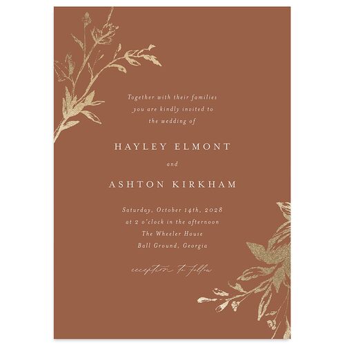 Shining Leaves Foil Wedding Invitations Camel Gold No Signature Blank Standard
