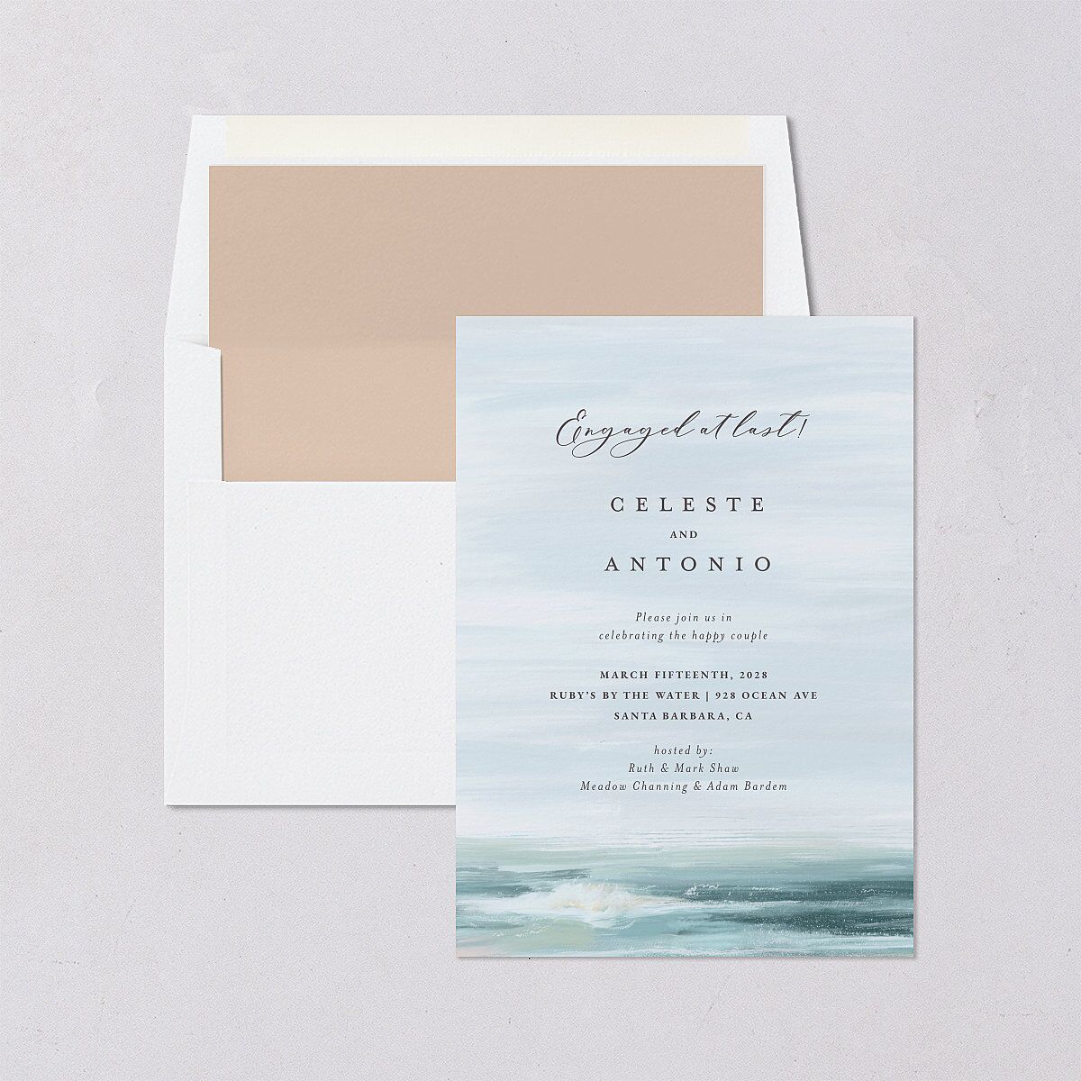 Painted Beach Engagement Party Invitations Dusty Blue Signature Blank Standard
