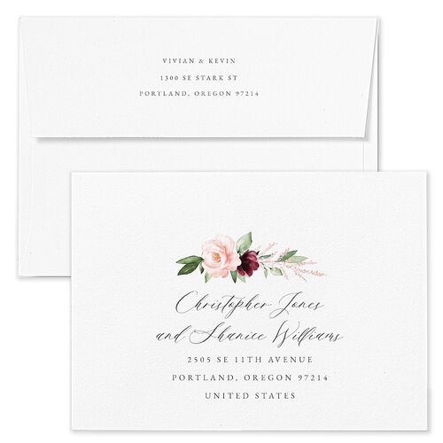 Beloved Floral Foil Save The Date Card Envelopes White Dark Berry Both Recipient and Return Addresses Signature Standard