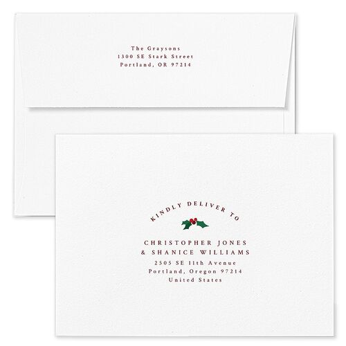 Classic Holiday Stripes Holiday Card Envelopes White Maroon Both Recipient and Return Addresses Standard Signature
