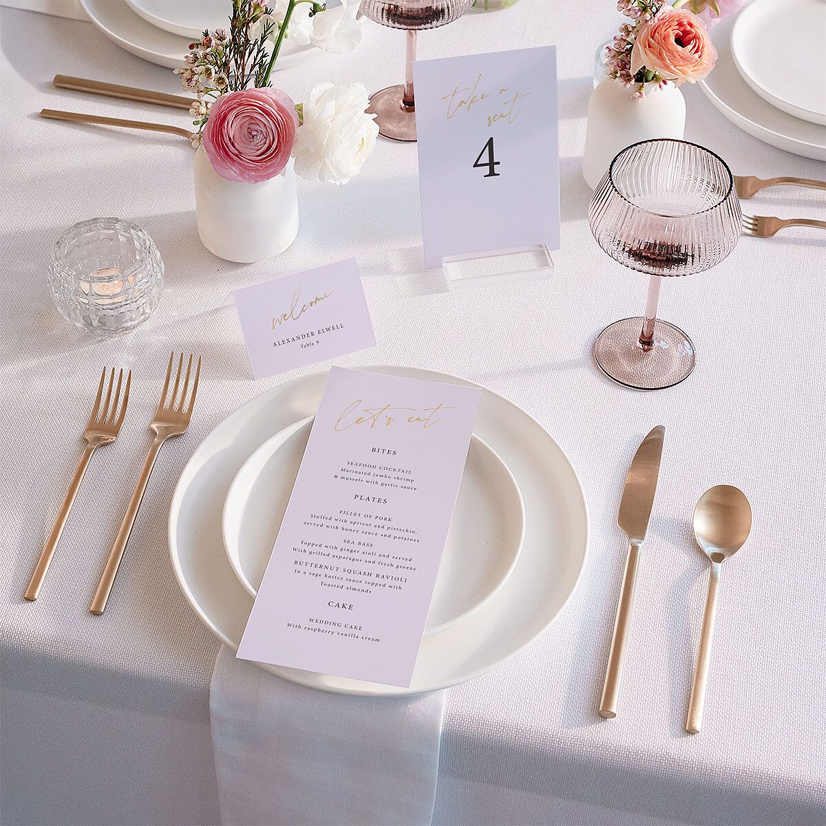 Just Love Place Cards Gold Sheer Lilac Signature