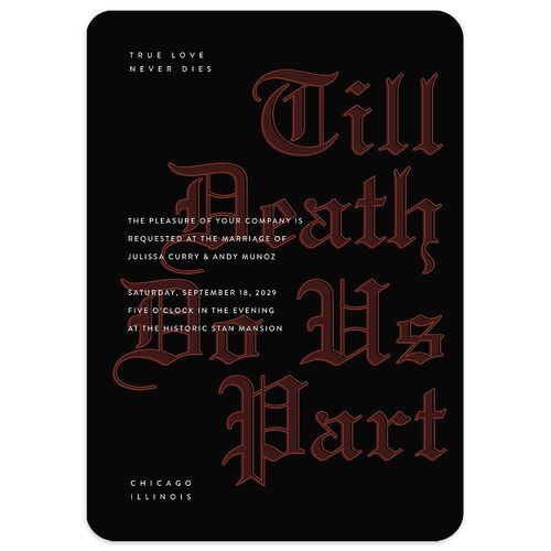 Editorial Gothic Till Death Wedding Invitations Charcoal Signature smooth Blank No Rounded