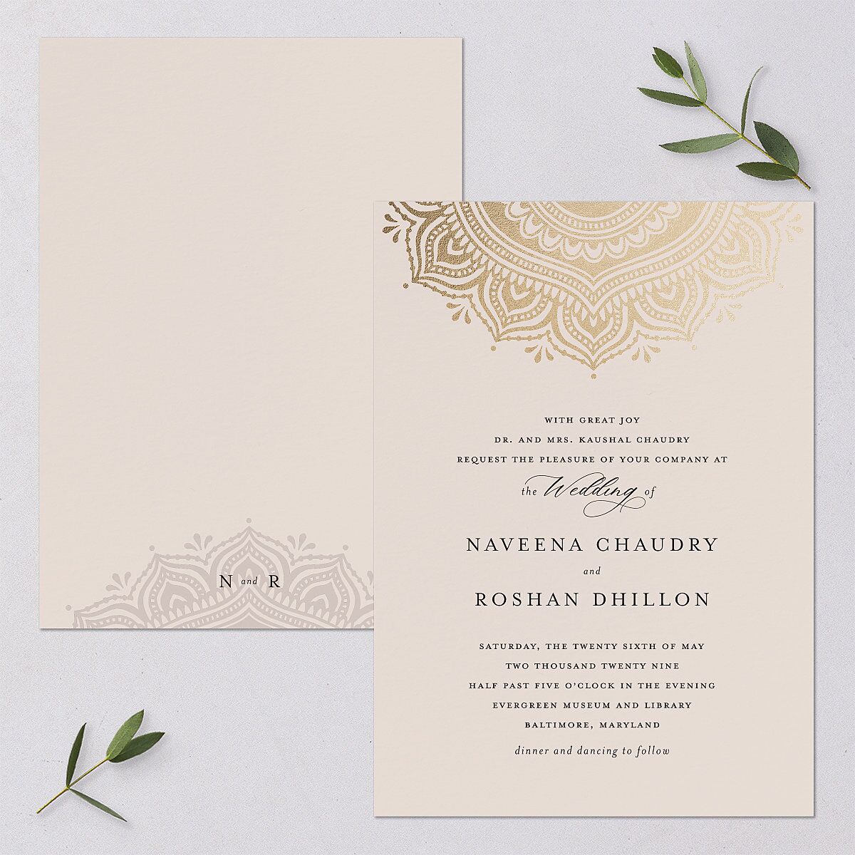 Indian Gilded Adornment Wedding Invitations Gold Sand Signature Blank No Standard