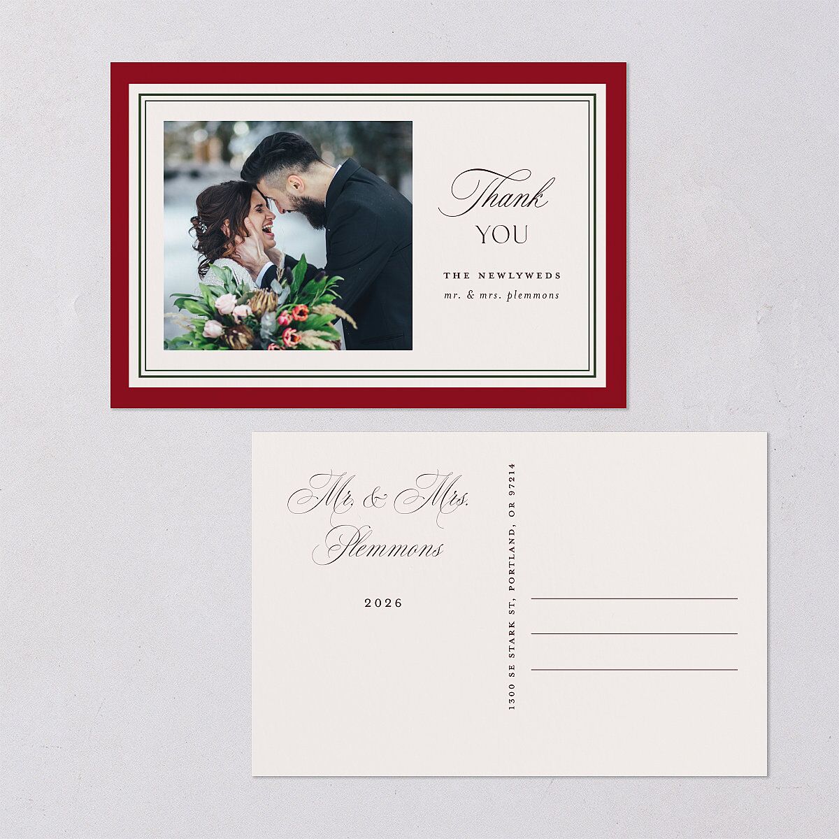 Classic Border First Married Christmas Thank You Postcards Ruby