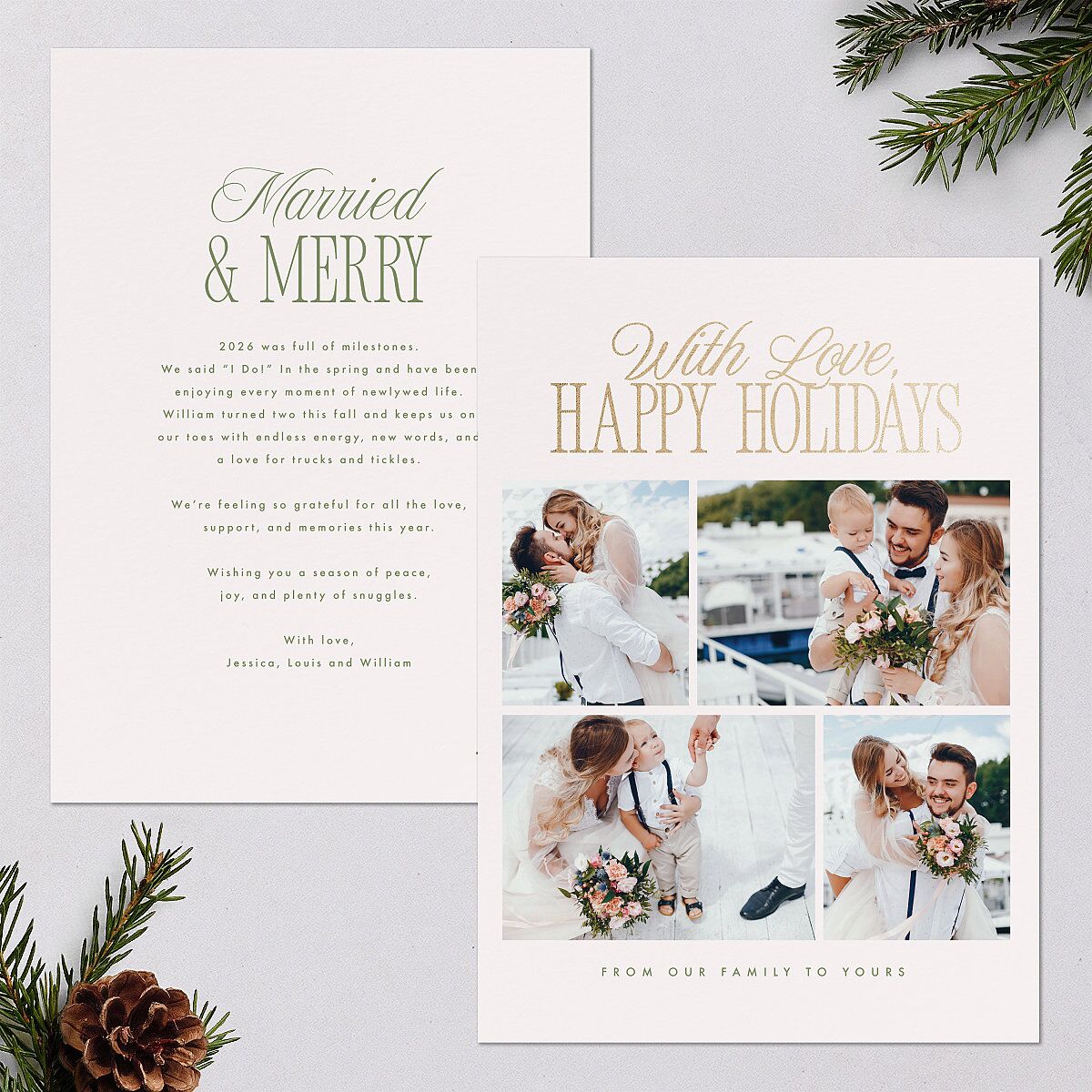 Hollywood Holiday Foil Holiday Cards Gold Greenery Signature Blank Standard Portrait