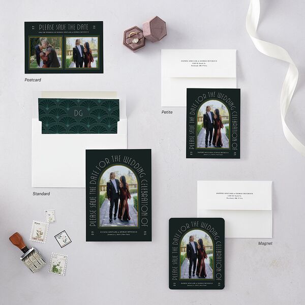 Gatsby Deco Arch Save the Date Cards Dark Emerald Signature smooth Blank No Standard