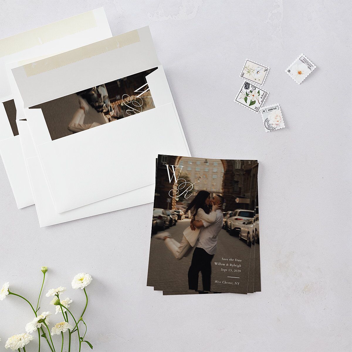 Connected Monogram  Save the Date Petite Cards Cream Signature smooth Blank Standard No