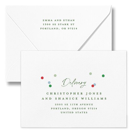 Baby's First New Year Instant Film Confetti Holiday Card Euro Envelopes White Scottish Green Both Recipient and Return Addresses Luxe Signature