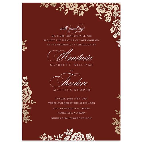 Romantic Lace Foil Wedding Invitations Gold Merlot Signature Blank No Standard