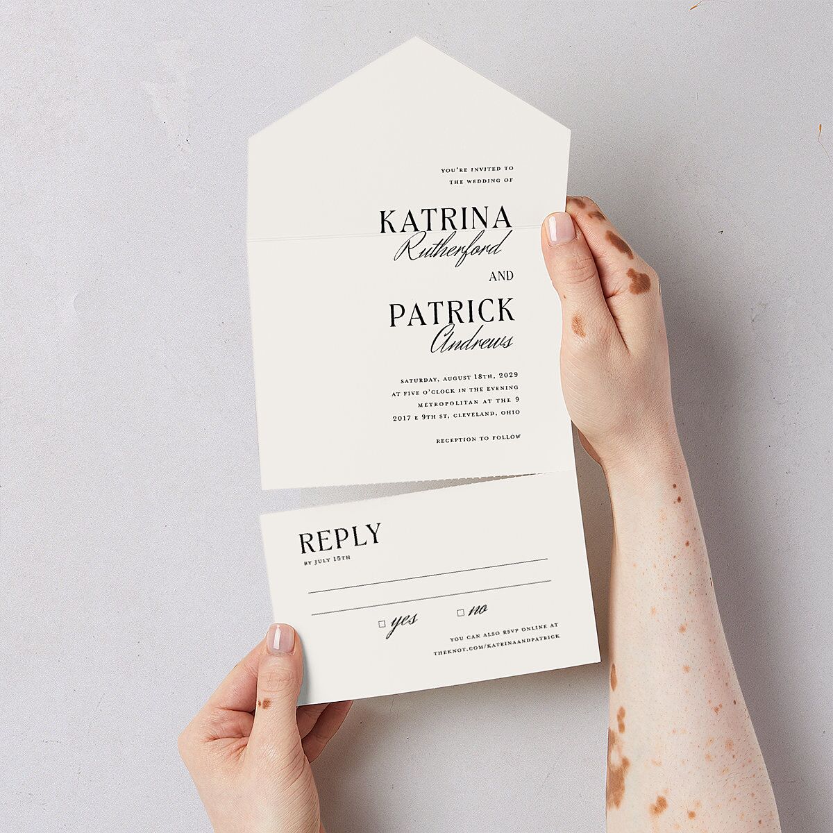 Simple Elegant Black Tie All-in-One Wedding Invitations Champagne Signature Light Both Recipient and Return Addresses No