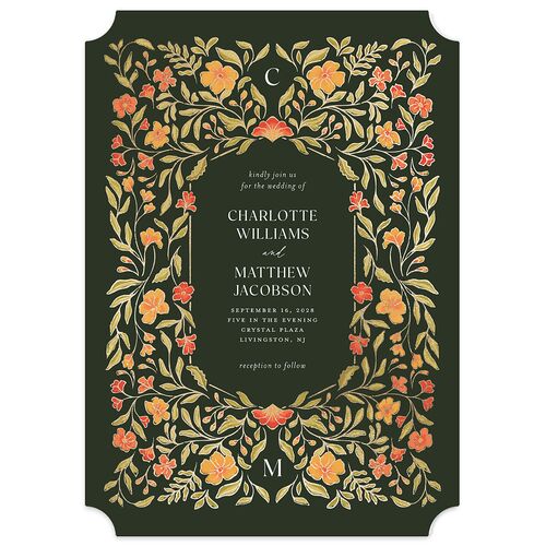 Botanical Textile Foil Wedding Invitations Gold Hunter Green Signature Blank No Ticket