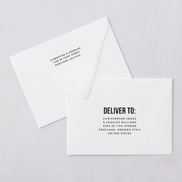 Bold Modern Announcement Save The Date Card Euro Envelopes White Pure White Both Recipient and Return Addresses Luxe Signature