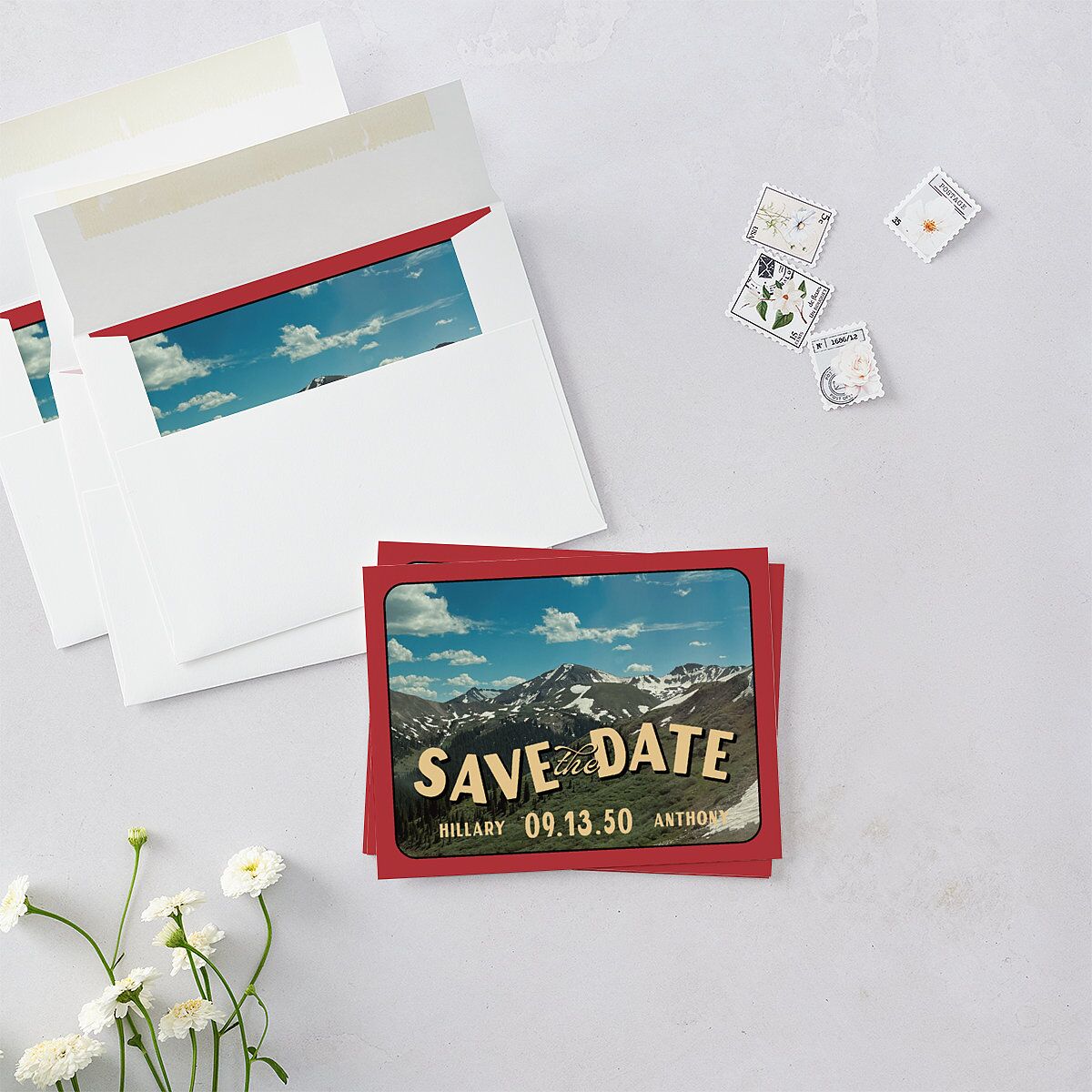 Retro Destination Postcard Inspired Save the Date Petite Cards Red Clay Signature smooth Blank No Standard