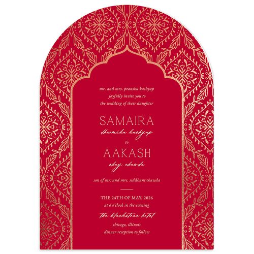 Gilded Lehenga Wedding Invitations Rose Gold Crimson Signature Blank No Arch