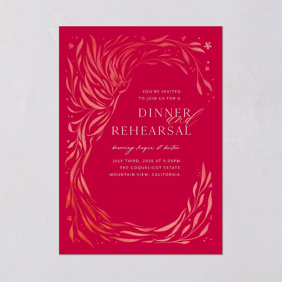 Chinese Phoenix Fenghuang Rehearsal Dinner Invitations Crimson Signature Blank Standard