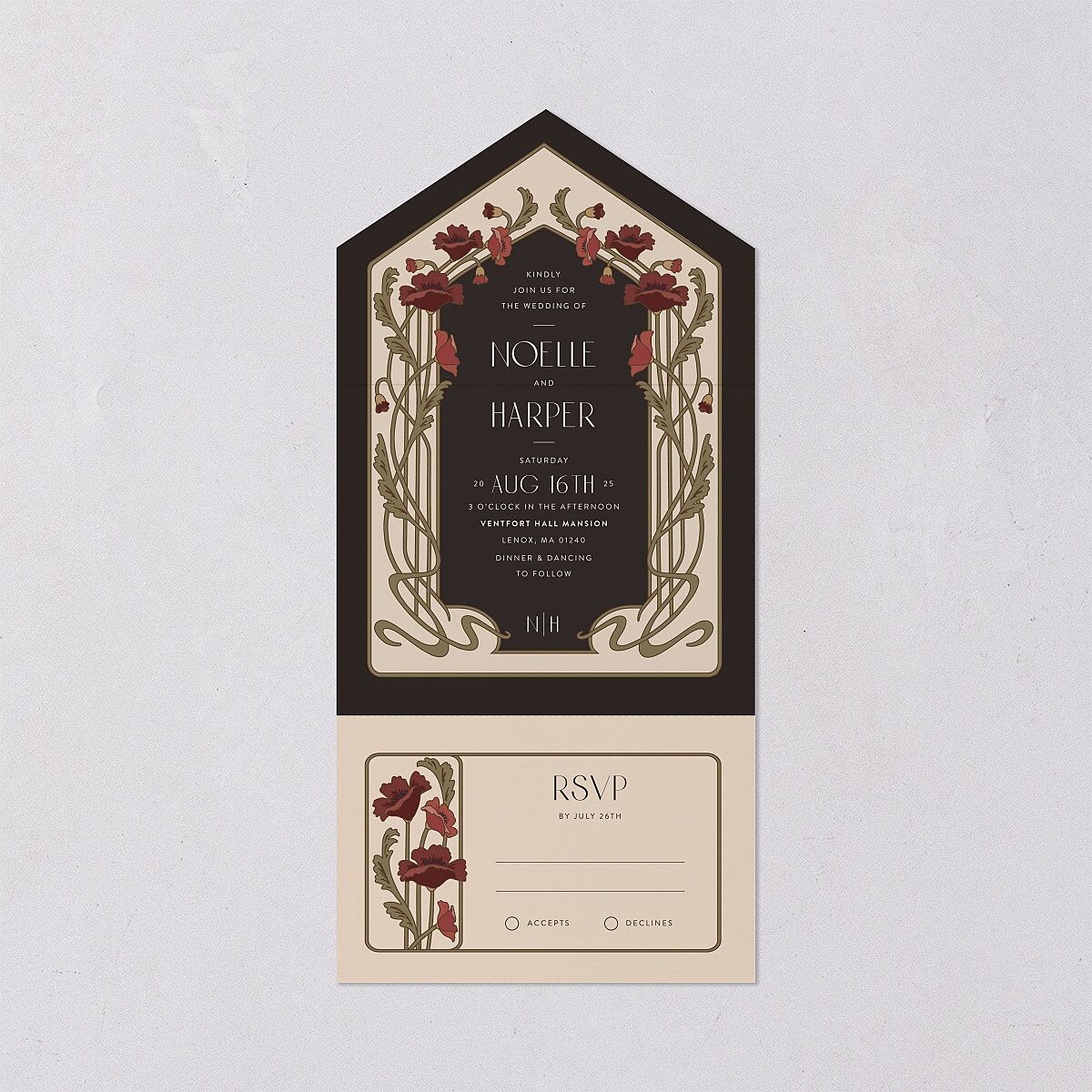 Vintage Nouveau Floral All-in-One Wedding Invitations Merlot Signature Light Both Recipient and Return Addresses No
