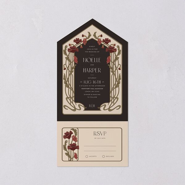 Vintage Nouveau Floral All-in-One Wedding Invitations Merlot Signature Light Both Recipient and Return Addresses No