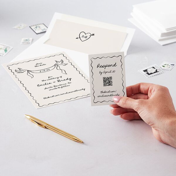 Vintage Lovebird Banner QR Code RSVP Cards Linen Signature Standard