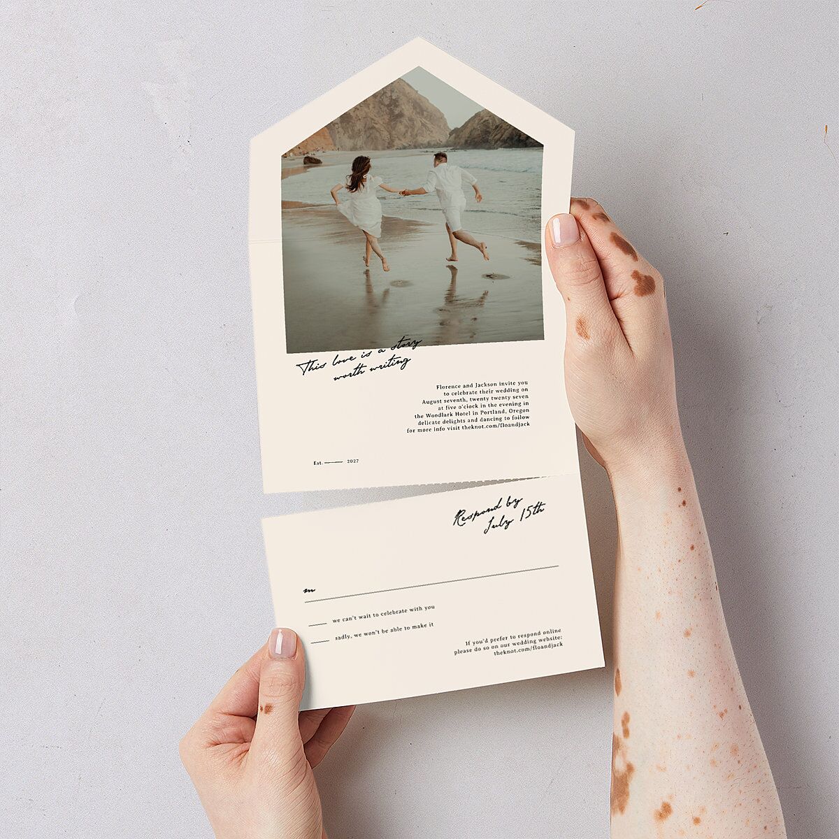 Vintage Film All-in-One Wedding Invitations Sand Signature Light Both Recipient and Return Addresses No