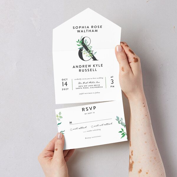 Leafy Ampersand All-in-One Wedding Invitations Eucalyptus Signature Light Both Recipient and Return Addresses No