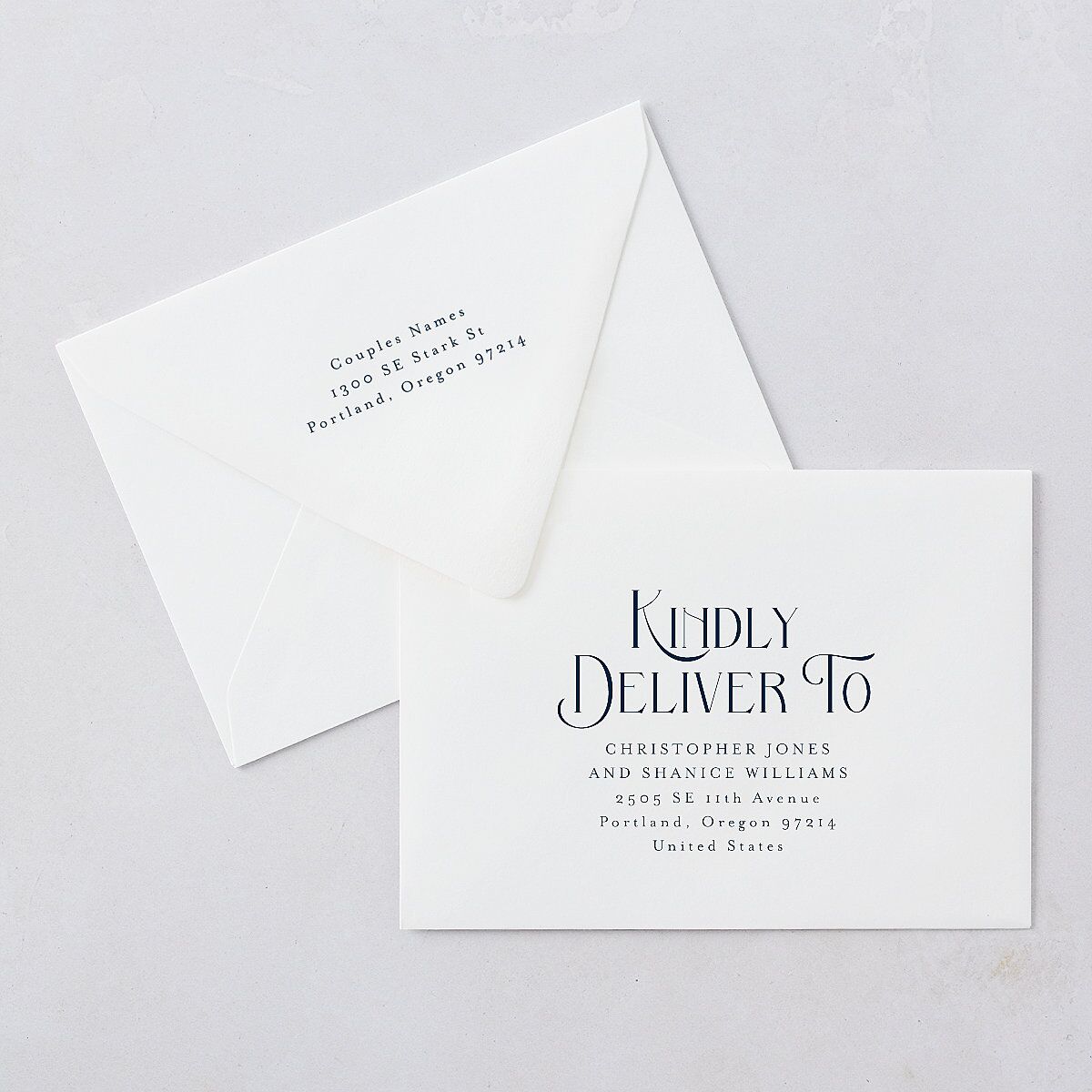 Be Our Guest Bridal Shower Invitation Euro Envelopes White Luxe Navy Both Recipient and Return Addresses