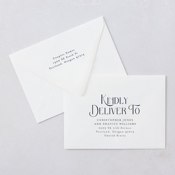 Be Our Guest Bridal Shower Invitation Euro Envelopes White Luxe Navy Both Recipient and Return Addresses