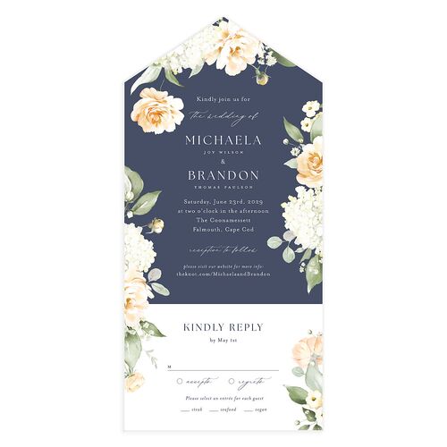 Elegant Peonies and Hydrangeas All-in-One Wedding Invitations Midnight Navy Signature Light Both Recipient and Return Addresses No
