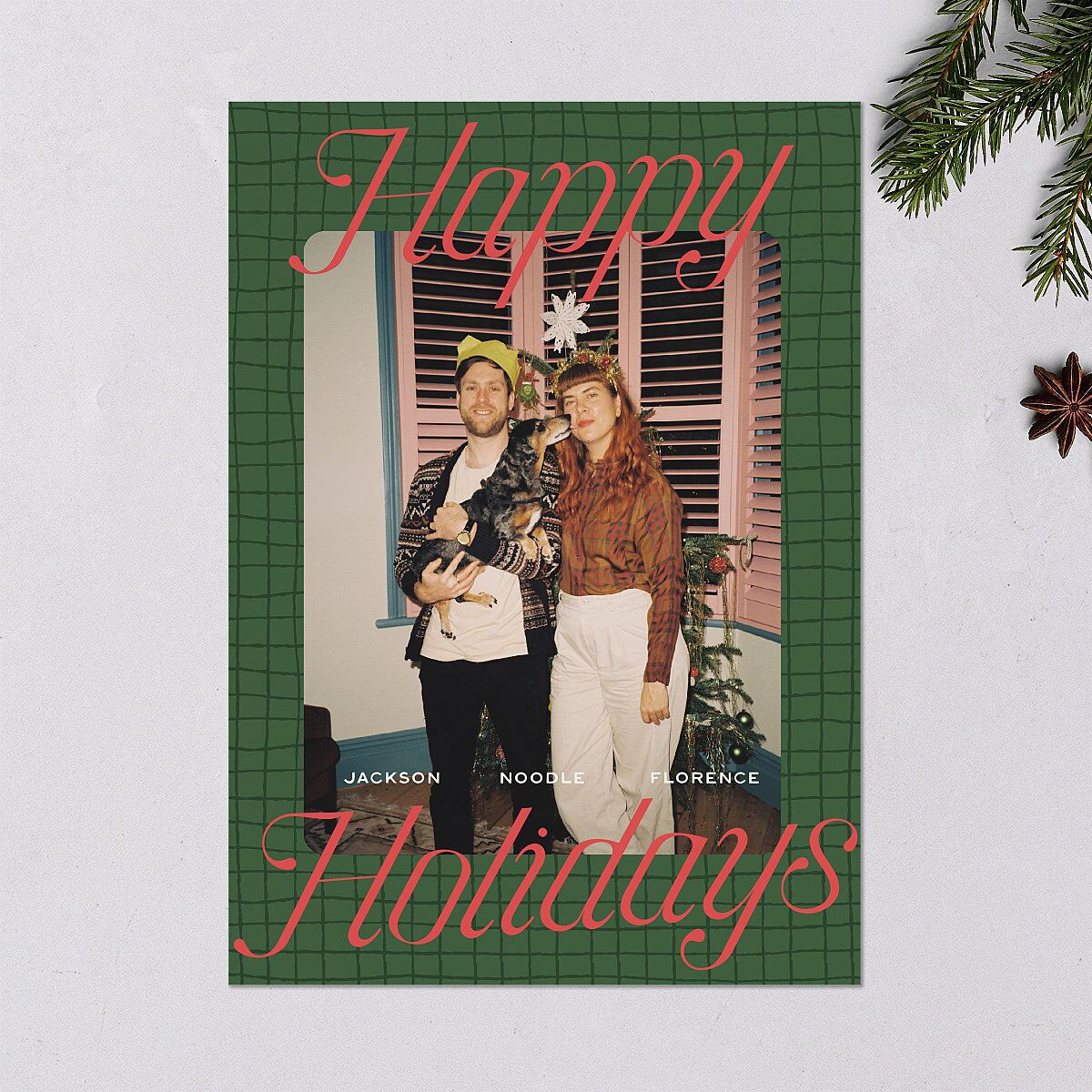 Happy Holidays Grid Pattern Photo Holiday Cards Hunter Green Signature Blank Standard