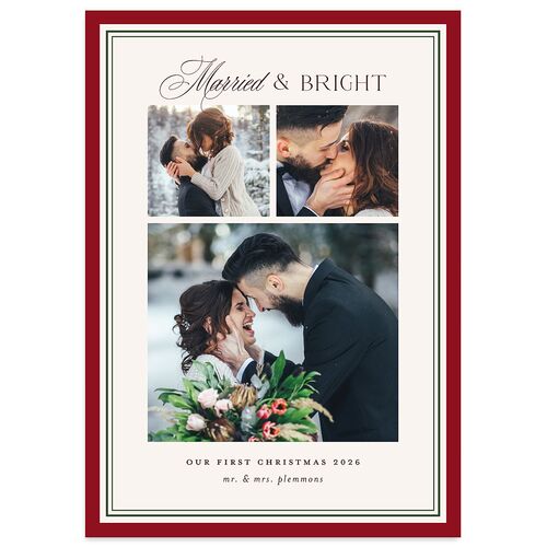 Classic Border First Married Christmas Holiday Cards Ruby Signature Blank Standard