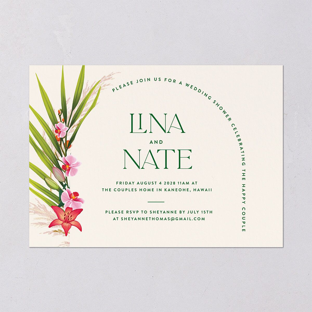Hawaiian Tropical Orchid Oval Bridal Shower Invitations Crimson Signature Blank Standard