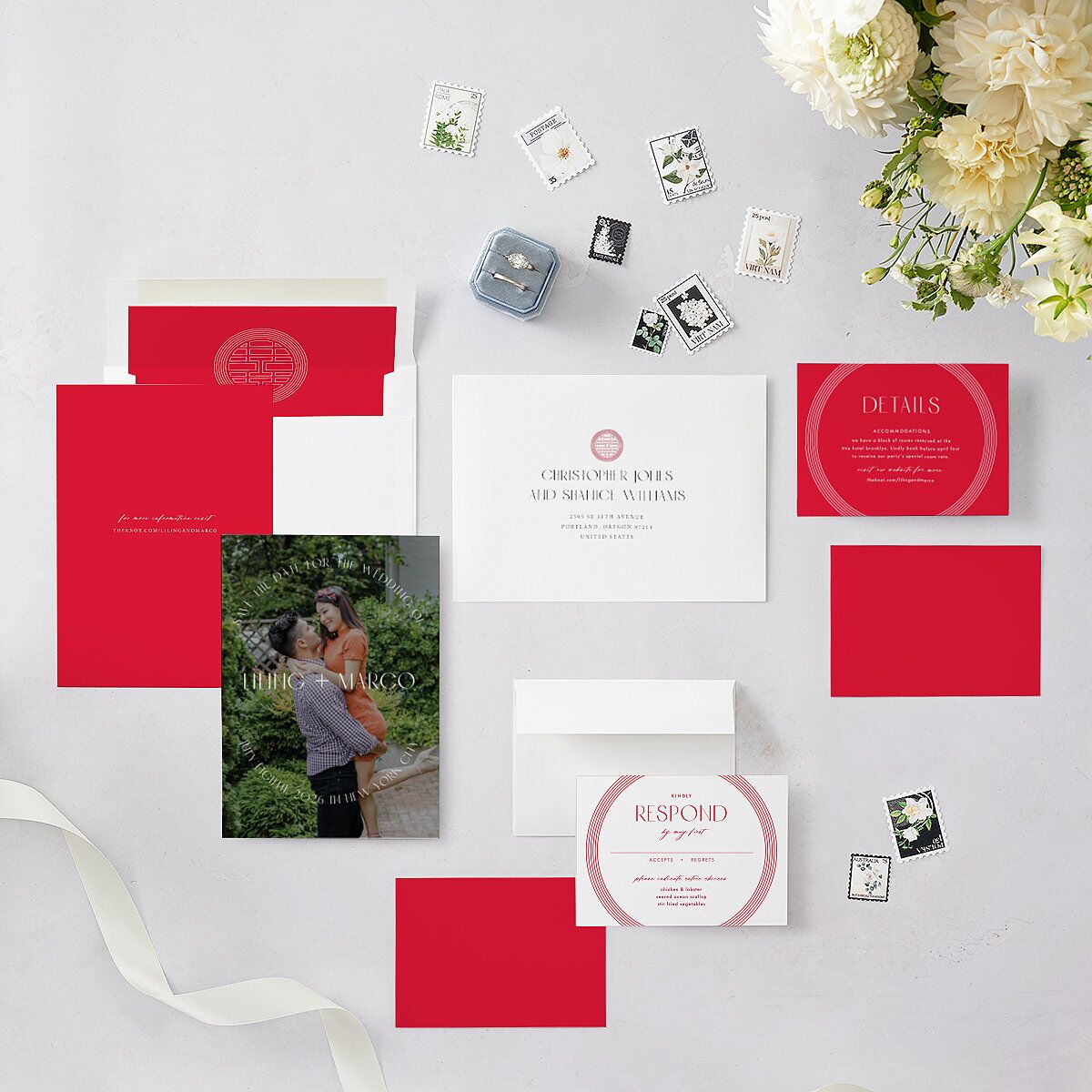 Chinese Lucky Circle Save The Date Cards True Red Signature smooth Blank No Standard