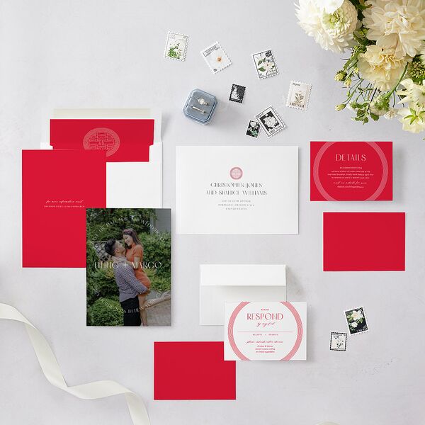 Chinese Lucky Circle Save The Date Cards True Red Signature smooth Blank No Standard