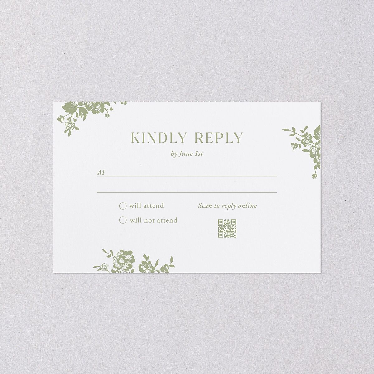 Fairytale Lace Floral Frame All-in-One Wedding Invitations Moss Signature Light Both Recipient and Return Addresses No