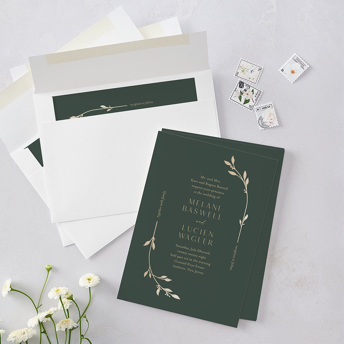 Gilded Sprigs Foil Wedding Invitations Gold Dark Emerald Signature Blank No Standard