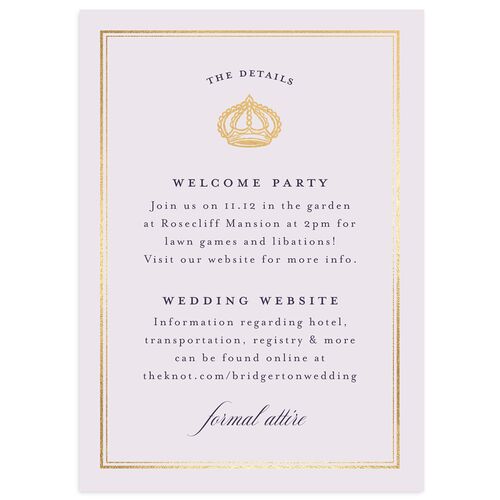 Glamorous Crown Monogram Crest Wedding Enclosure Cards by Bridgerton Gold Sheer Lilac Signature