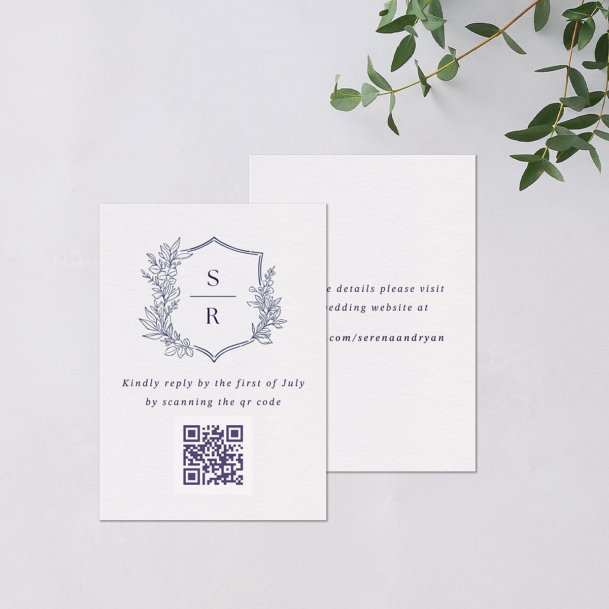 Elegant Garland Crest QR Code RSVP Cards Sapphire Signature Standard