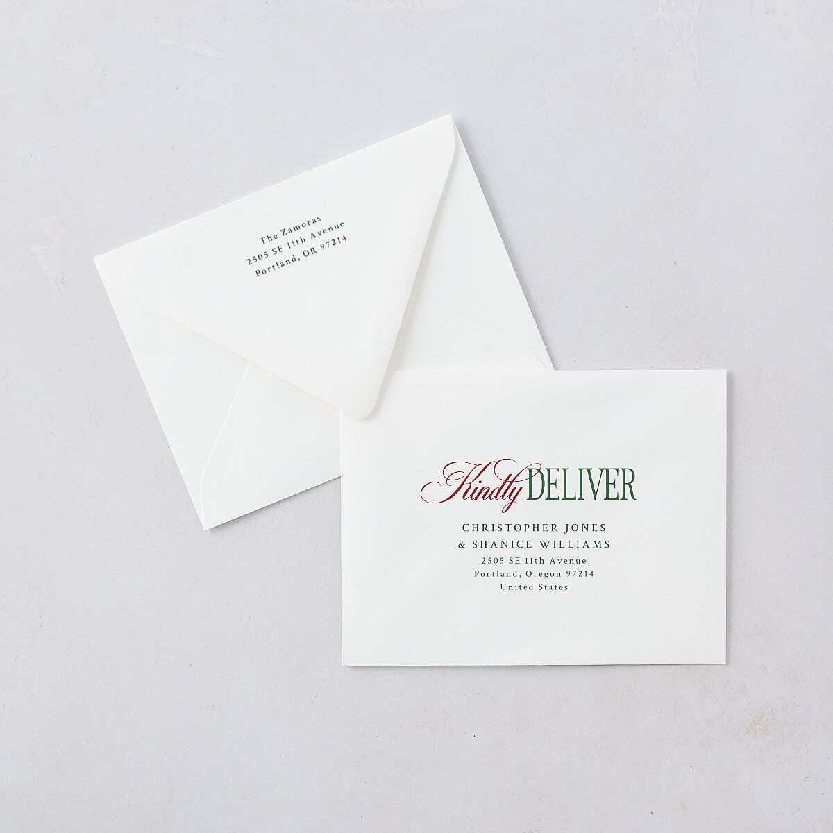 Married Christmas Calligraphy Thank You Card Euro Envelopes White Hunter Green Both Recipient and Return Addresses Luxe Signature