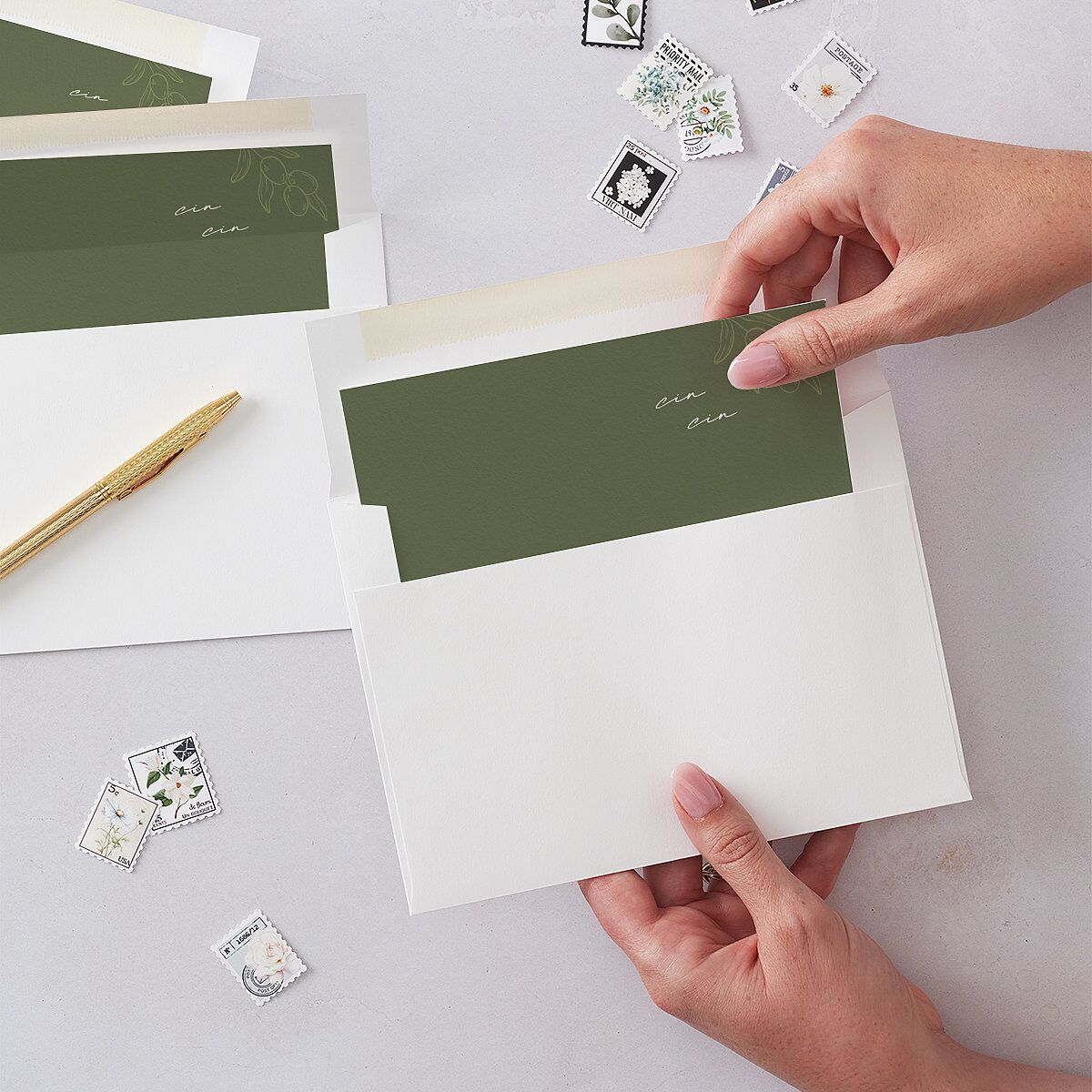 Elegant Italian Olive Branches Envelope Liners Champagne Standard