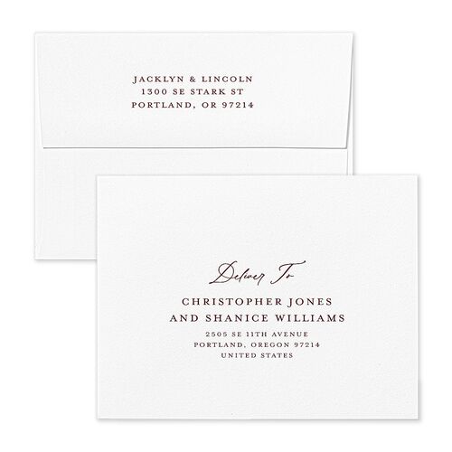 Elegant Vintage Images Save the Date Magnet Envelopes White Burgundy Both Recipient and Return Addresses Signature Standard