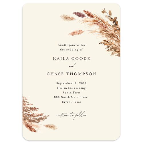 Soft Pampas Botanical Wedding Invitations Sepia Signature Blank No Rounded