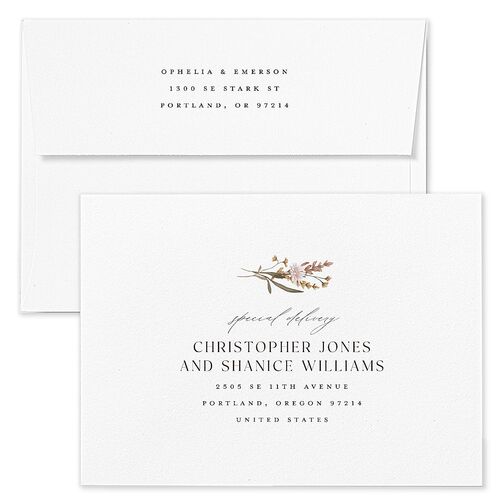Mountain Wildflowers Rehearsal Dinner Invitation Envelopes White Mocha Both Recipient and Return Addresses Signature Standard