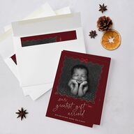 Our Greatest Gift Wavy Bow Frame Holiday Cards Jewel Red Signature Blank Standard Portrait