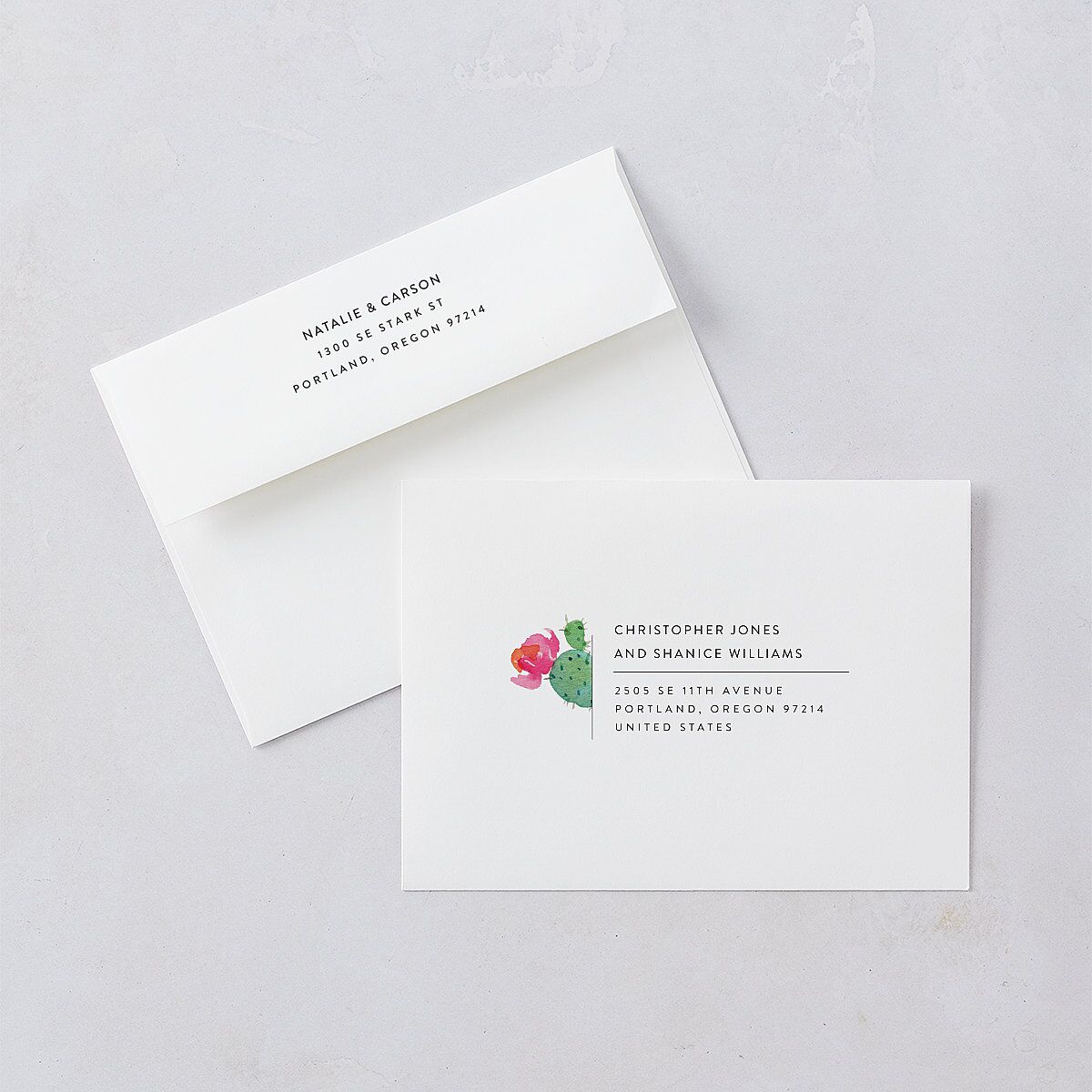 Watercolor Cactus Wedding Invitation Envelopes White Standard Pure White Both Recipient and Return Addresses Signature