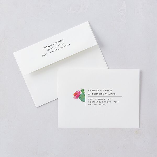 Watercolor Cactus Wedding Invitation Envelopes White Standard Pure White Both Recipient and Return Addresses Signature