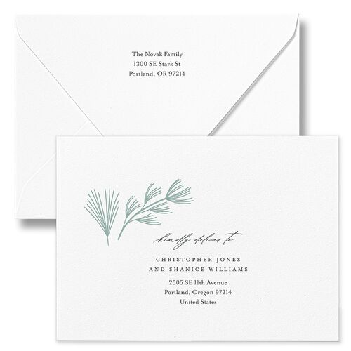 Our Merriest Year Baby Announcement Holiday Card Euro Envelopes White Hunter Green Both Recipient and Return Addresses Luxe Signature